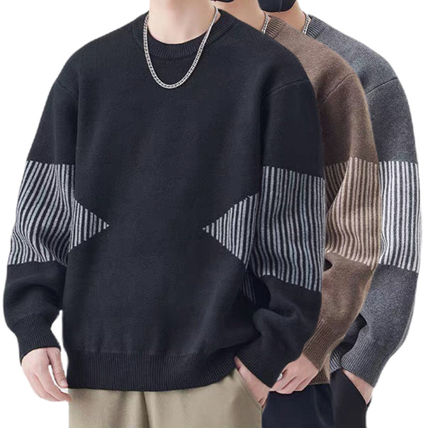 Men's Fashionable Knit Sweater with Striped Sleeves Mune Fashion