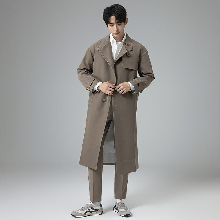 Men's Long Modern Trench Coat made of lightweight twill with concealed button placket and waist belt Mune Fashion