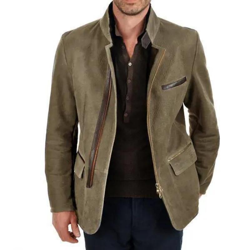 Men's suede field jacket in pilot style with stand-up collar, asymmetrical double-opening zipper and contrasting leather trims Mune Fashion