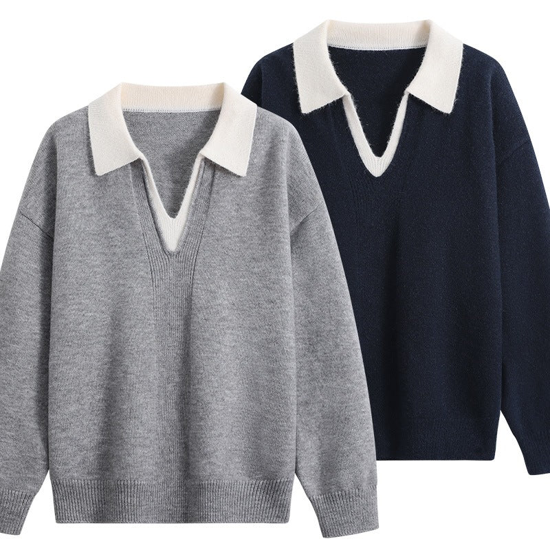 Women's Oversize Polo Knit Sweater made of soft wool blend with contrast collar and deep V-neck Mune Fashion