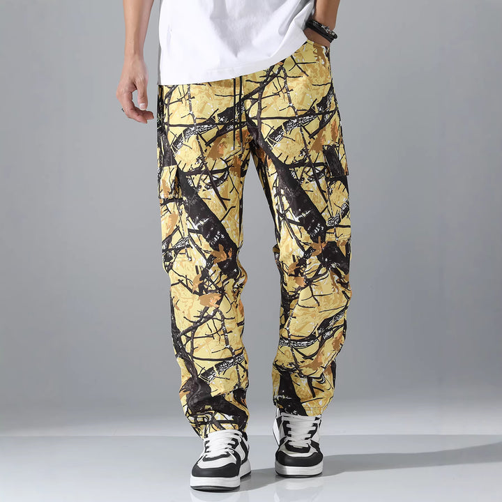 Men's patterned cargo jogging pants with drawstring waistband, cargo pockets & elastic ankle cuffs Mune Fashion