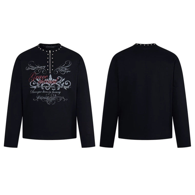 Women's long sleeve shirt with half zipper, studded collar and baroque text print Mune Fashion