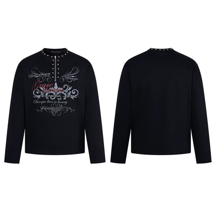 Women's long sleeve shirt with half zipper, studded collar and baroque text print Mune Fashion