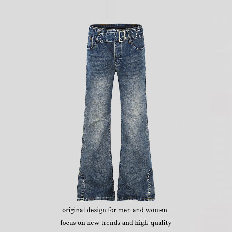 Women's High-Waist Flared Denim Jeans with Studded Detail, Wide Flare and Decorative Belt Mune Fashion