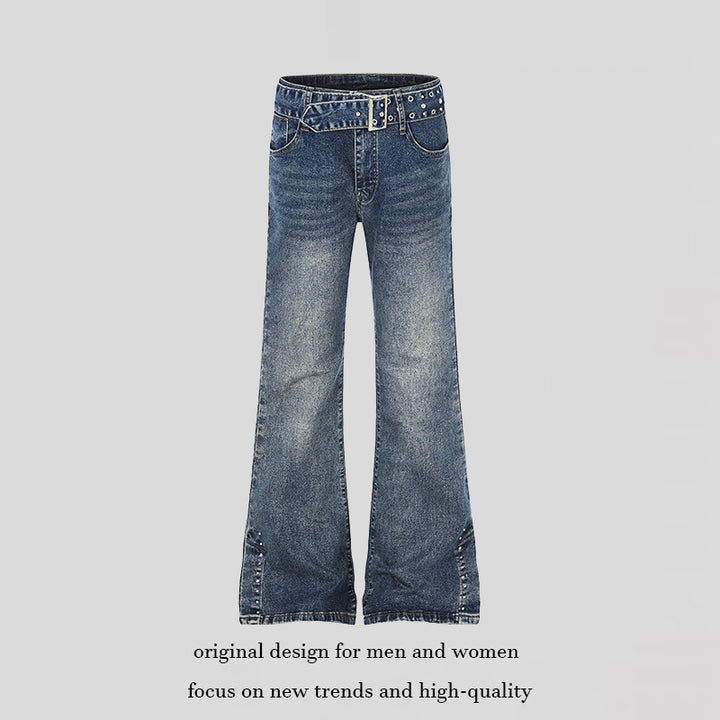 Women's High-Waist Flared Denim Jeans with Studded Detail, Wide Flare and Decorative Belt Mune Fashion