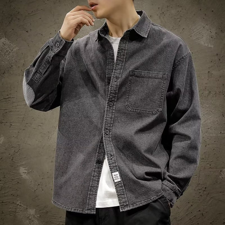 Men's Relaxed Denim Shirt Jacket in Vintage Wash with Elbow Patches and Sewn-On Chest Pocket Mune Fashion