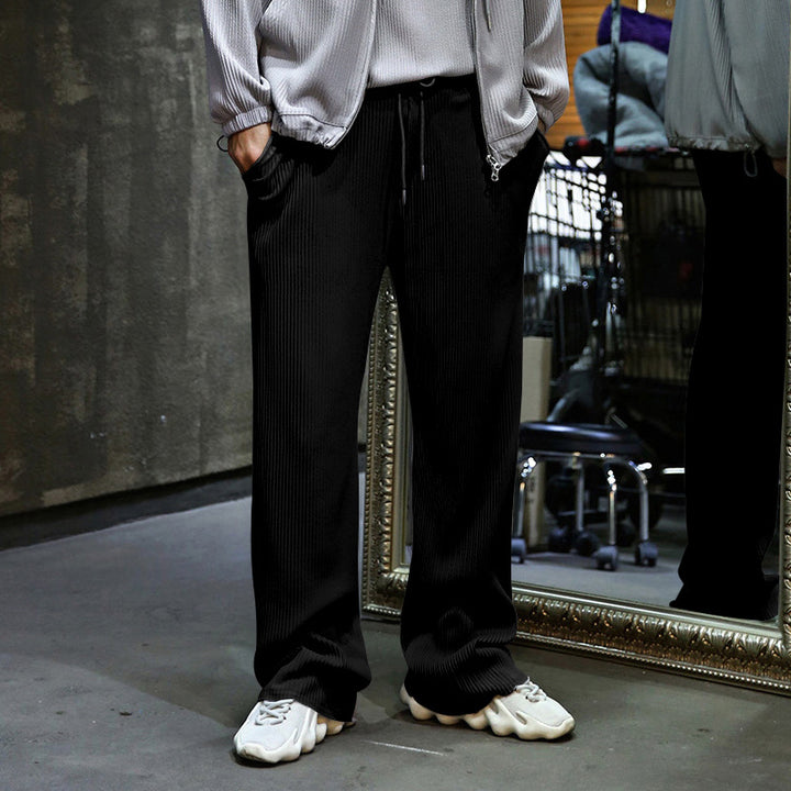 Men's Casual Ribbed Relaxed Pants with Wide Leg, Drawstring & Side Pockets