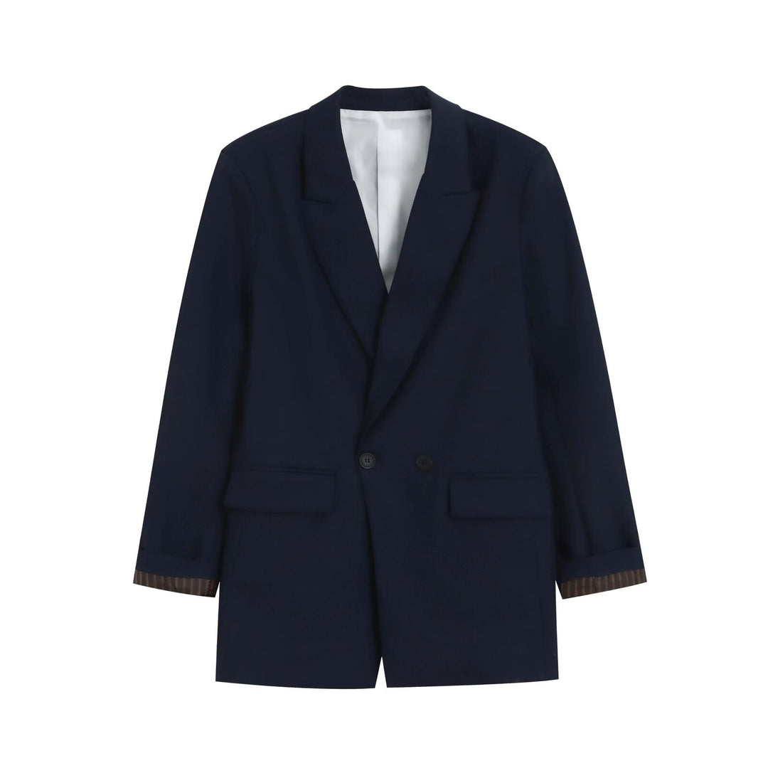 Women's Double-Breasted Long Blazer with Patch Pockets and Cuffed Sleeves Mune Fashion