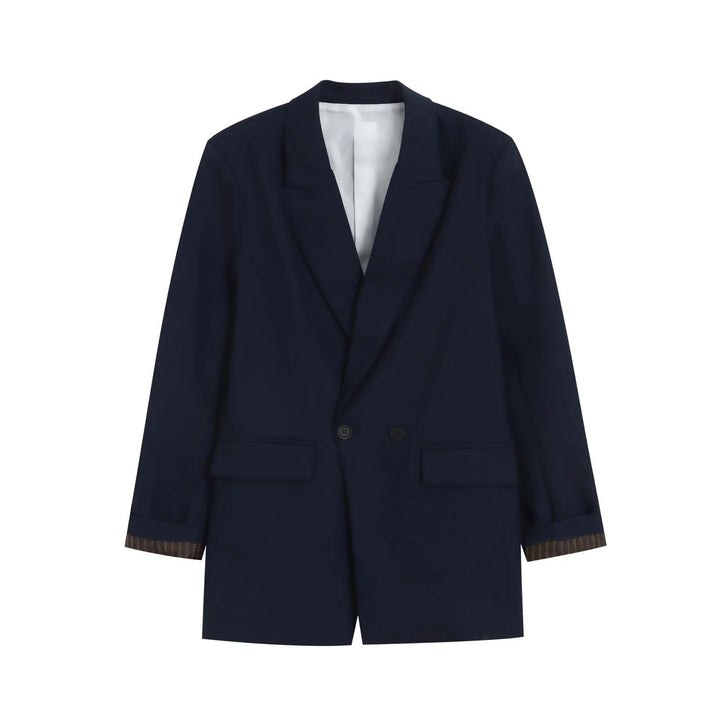 Women's Double-Breasted Long Blazer with Patch Pockets and Cuffed Sleeves Mune Fashion