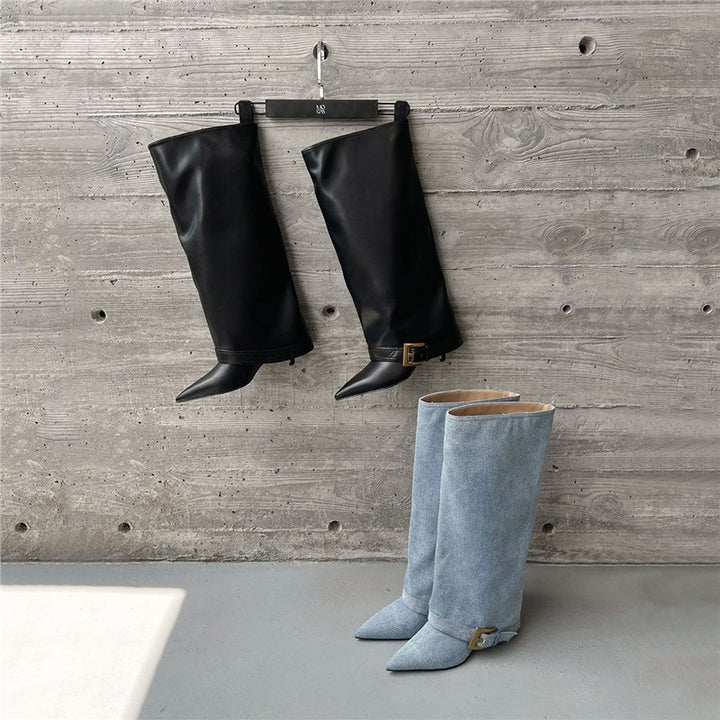 Women's Knee-High Boots with Sculpted Pointed Toe, Straight Shaft and Decorative Buckle Mune Fashion