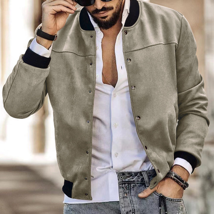 Men's velour look college bomber with press stud placket, ribbed collar and zip sleeve pocket Mune Fashion