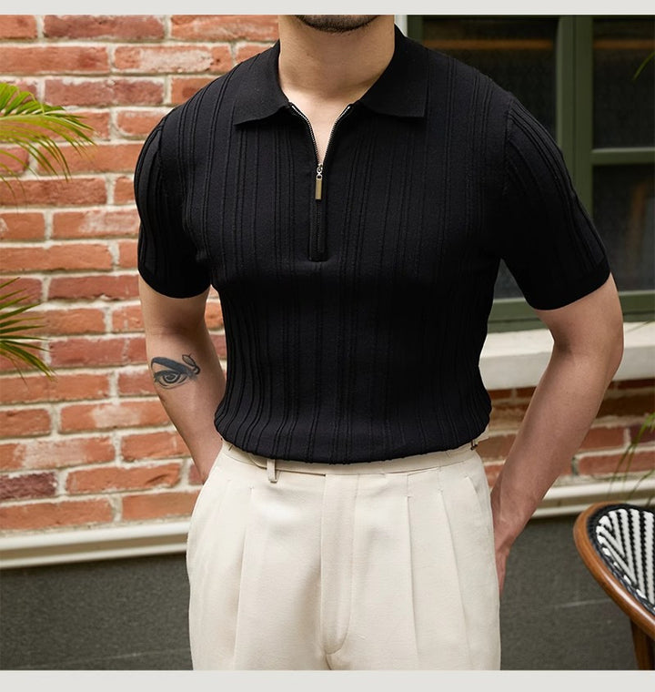 Men's Fashion Short Sleeve Polo Shirt with Half Zipper Mune Fashion