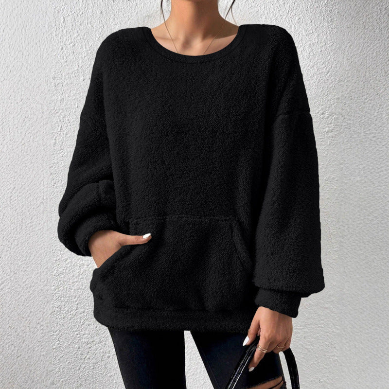 Ladies Cozy Oversized Sherpa Sweater with Kangaroo Pocket and Balloon Sleeves Mune Fashion