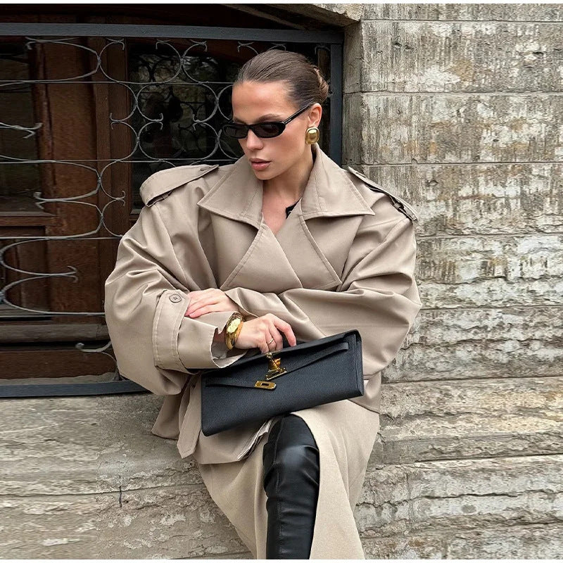 Ladies Short Trench Coat with Ties and Cape Sleeves Mune Fashion