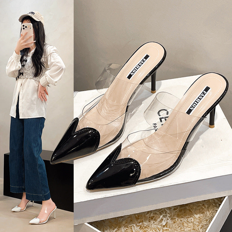 Women Elegant lace Mule pumps with transparent PVC straps and patent leather applications Mune Fashion