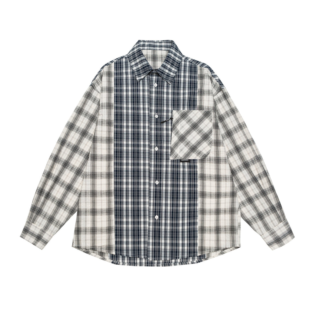 Unisex Oversized Shirt Jacket with Patchwork Check Pattern and Rounded Hem Mune Fashion