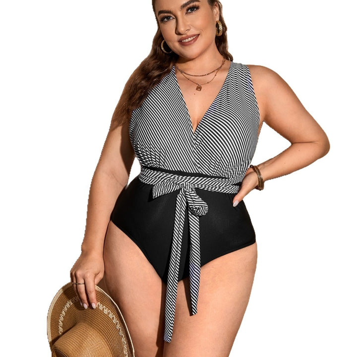 Women one-piece swimsuit with wrap design and stylish stripe pattern Mune Fashion