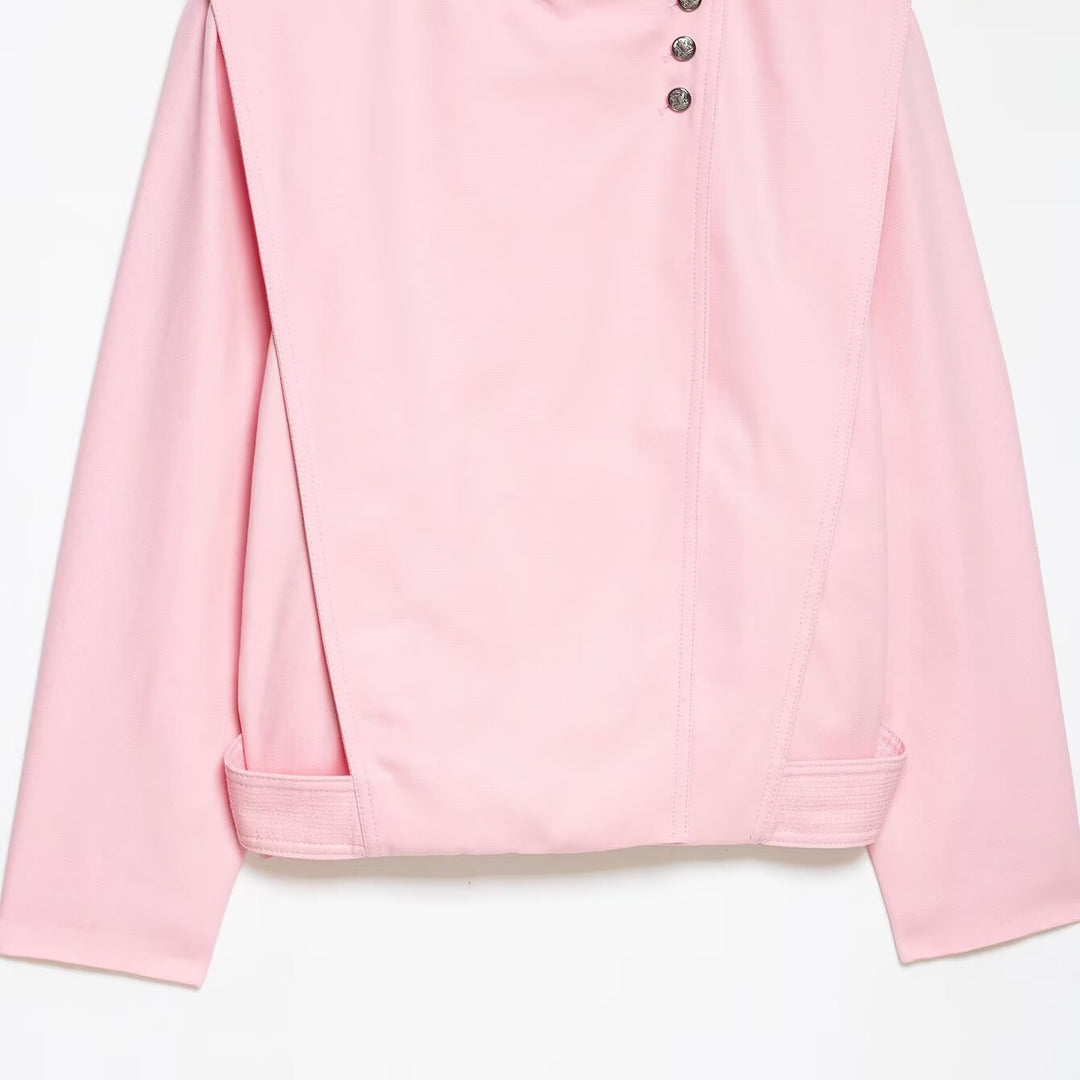 Women's Short Asymmetric Jacket with High Stand-Up Collar and Cape Shoulder Mune Fashion