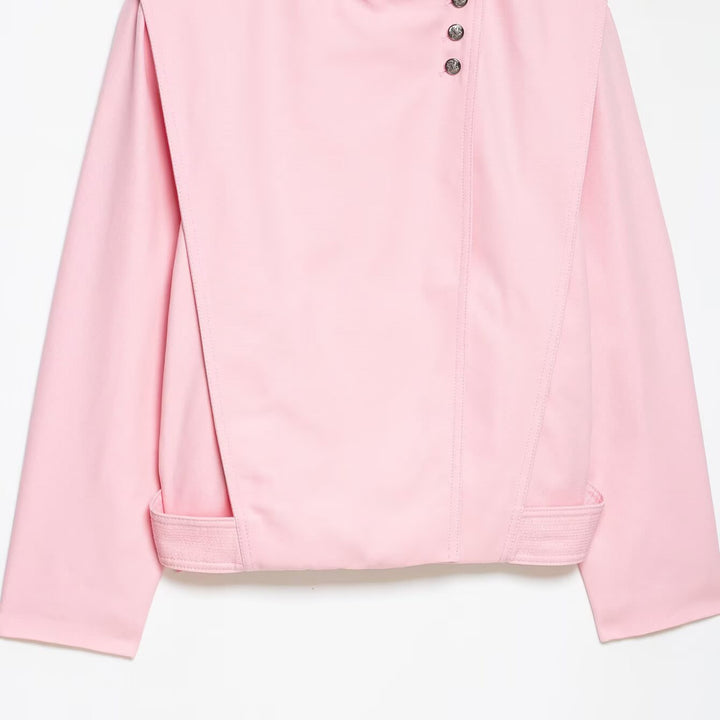 Women's Short Asymmetric Jacket with High Stand-Up Collar and Cape Shoulder Mune Fashion