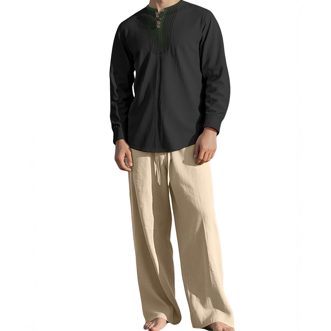 Men's tunic and Palazzo pants set with Henley placket, decorative embroidery and wide cut Mune Fashion