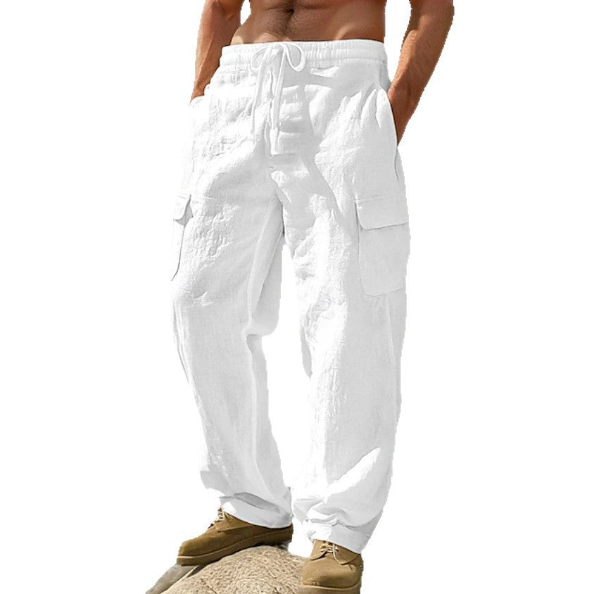 Men's wide casual cargo pants made of linen-cotton blend with elastic waistband, drawstring and large flap pockets Mune Fashion