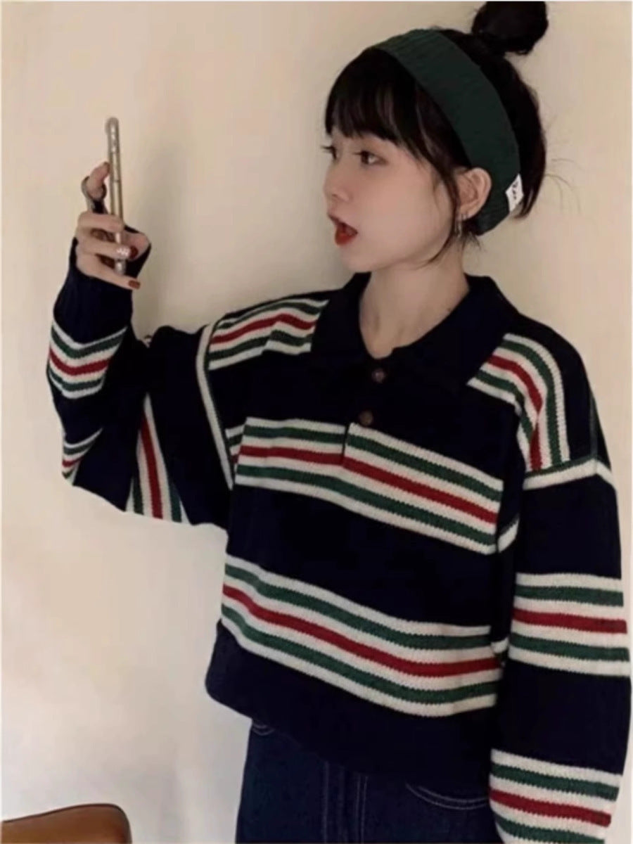 Women's Oversize Polo Collar Knit Sweater with Maritime Block Stripes and Boxy Cropped Silhouette Mune Fashion
