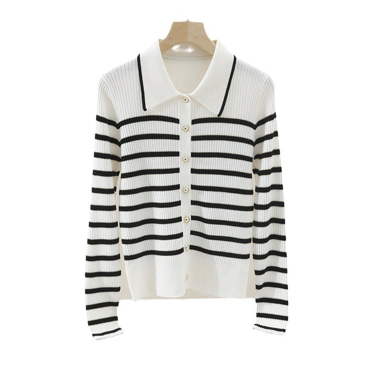 Women’s marine-inspired ribbed knit cardigan with polo collar and decorative button placket Mune Fashion