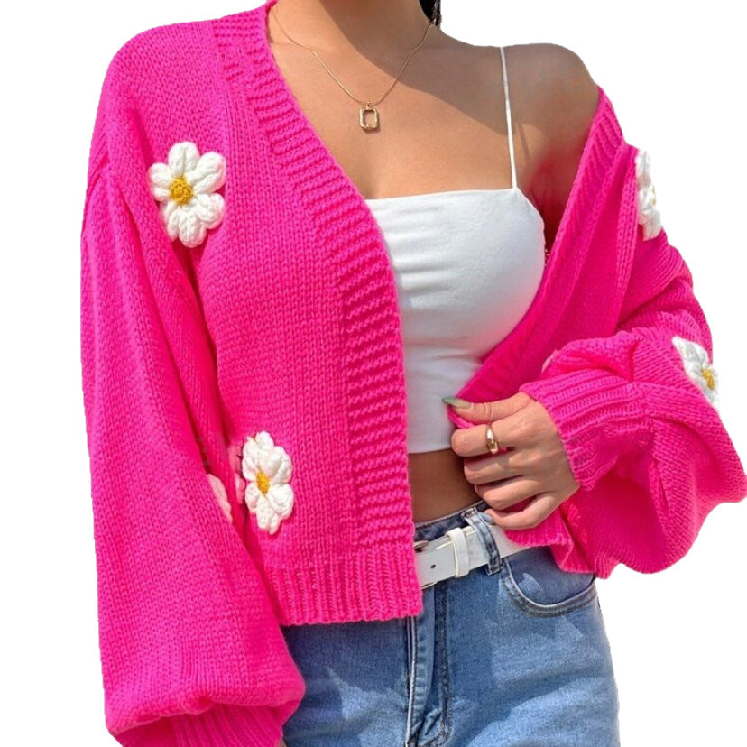Women’s Cropped Cardigan made of cotton blend with 3D flower applications Mune Fashion