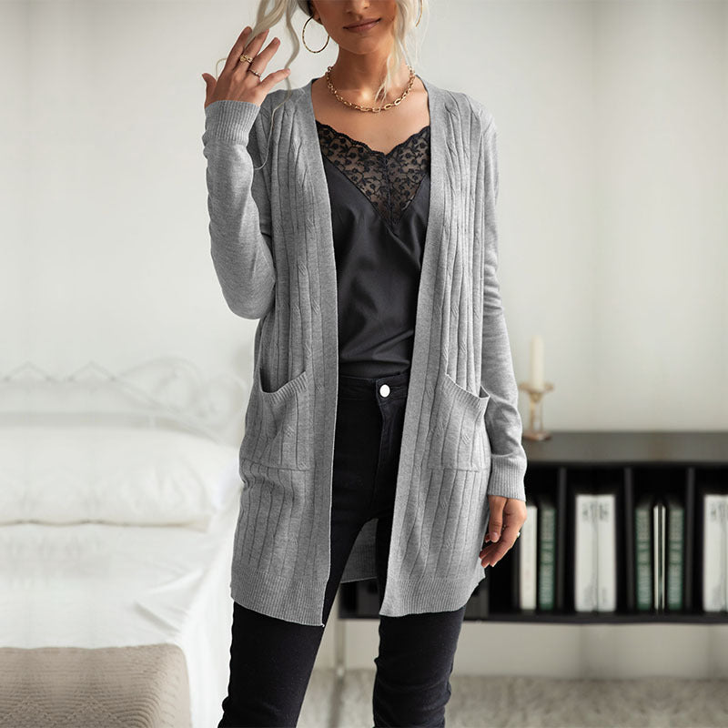 Women's Long Fine Knit Cardigan with Ribbed Structure and Side Pockets Mune Fashion