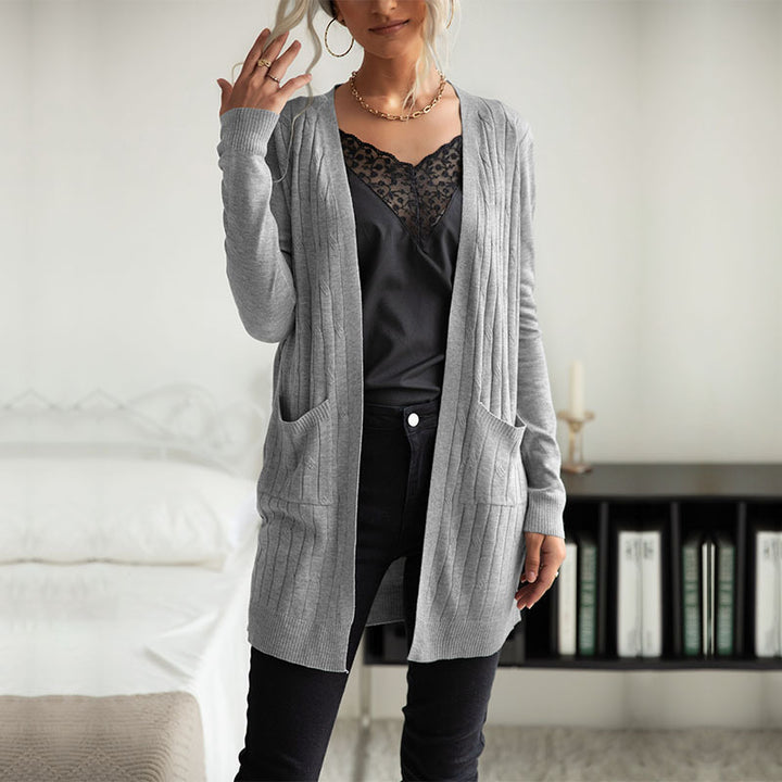Women's Long Fine Knit Cardigan with Ribbed Structure and Side Pockets Mune Fashion