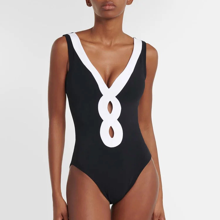 Ladies elegant V neck swimsuit with stylish wrap skirt Mune Fashion