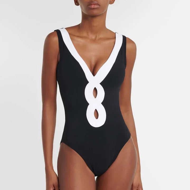 Ladies elegant V neck swimsuit with stylish wrap skirt Mune Fashion