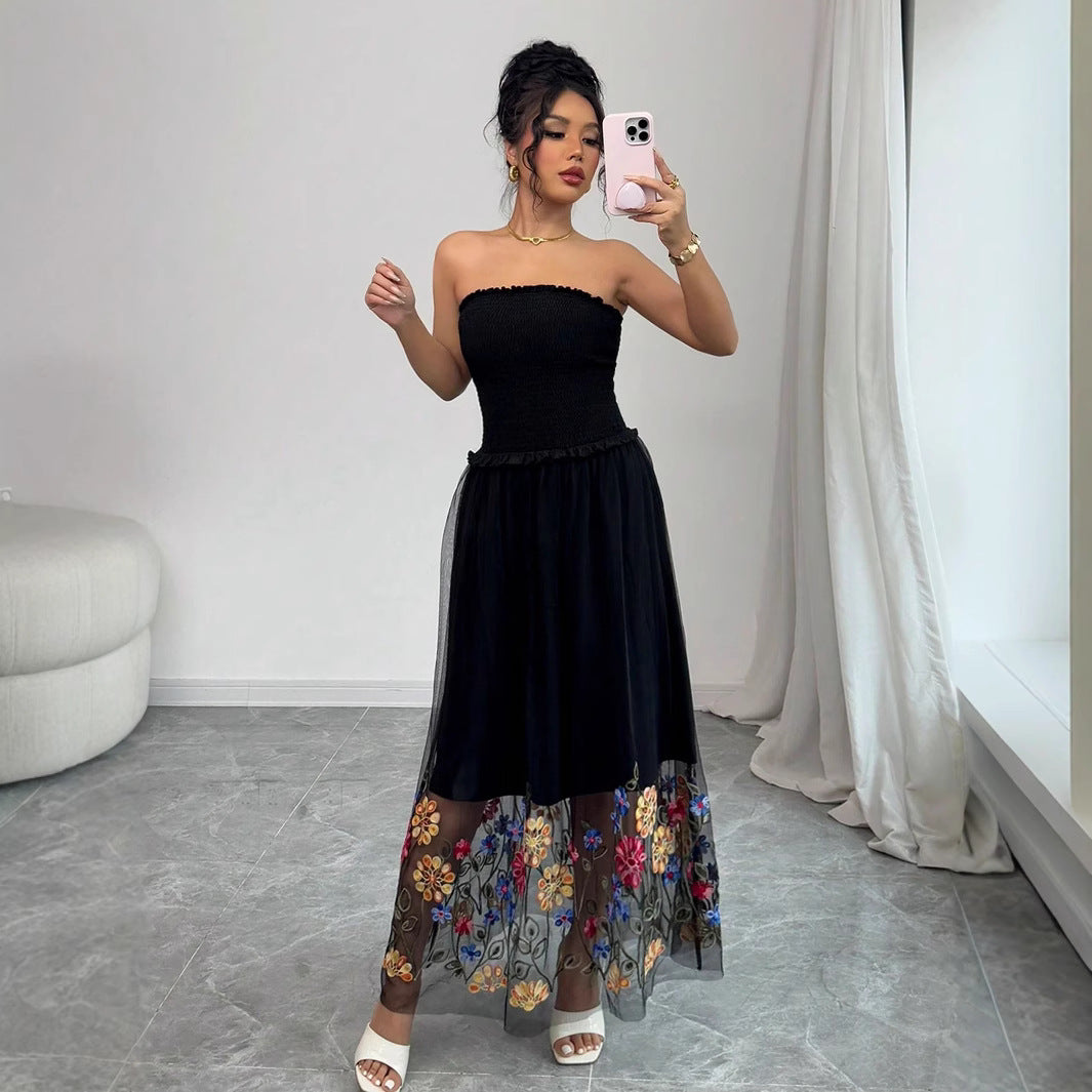 Women's off-shoulder midi dress with smocked top and embroidered tulle skirt Mune Fashion
