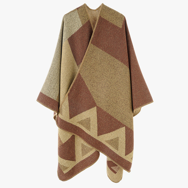 Women's Versatile Wool Blend Throw Poncho with Geometric Jacquard and Open Front