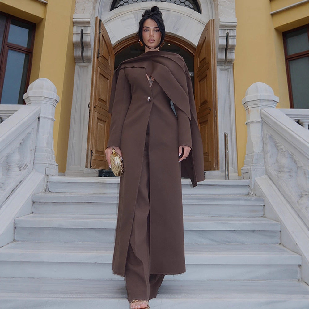 Women Elegant Coat Dress with Cape Shoulder and Tailored Silhouette Mune Fashion