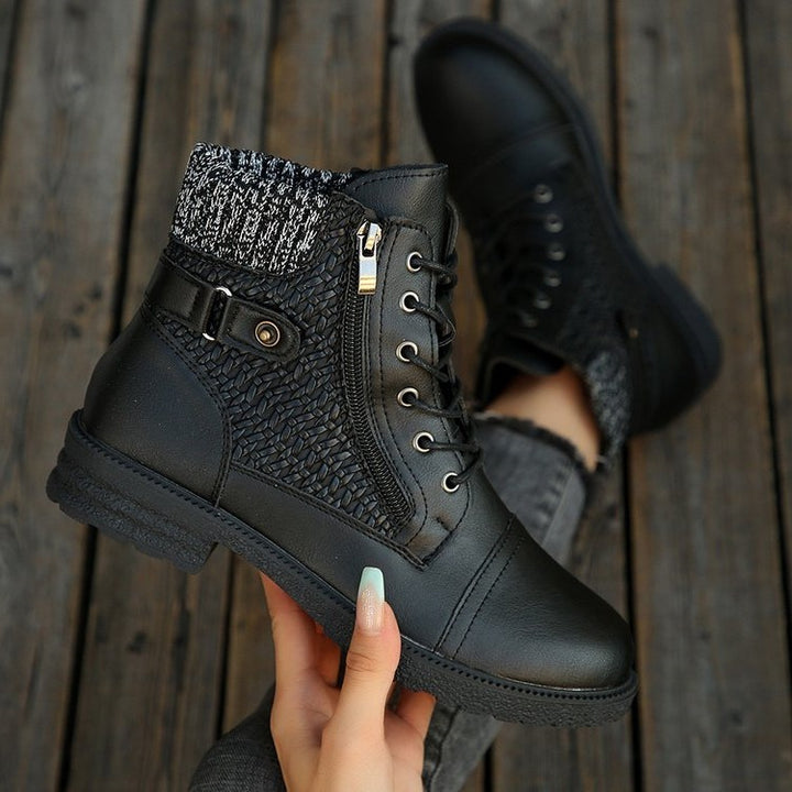 Women's ankle-high lace-up ankle boots with knitted shaft, side zipper, and molded rubber sole Mune Fashion