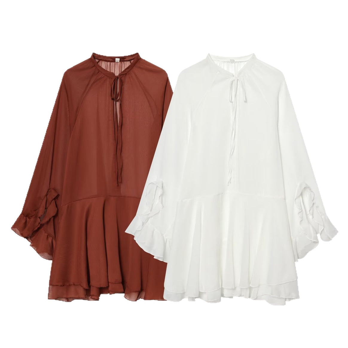 Women Flowing Chiffon Mini Dress with Ruffled Sleeves and Bow Mune Fashion