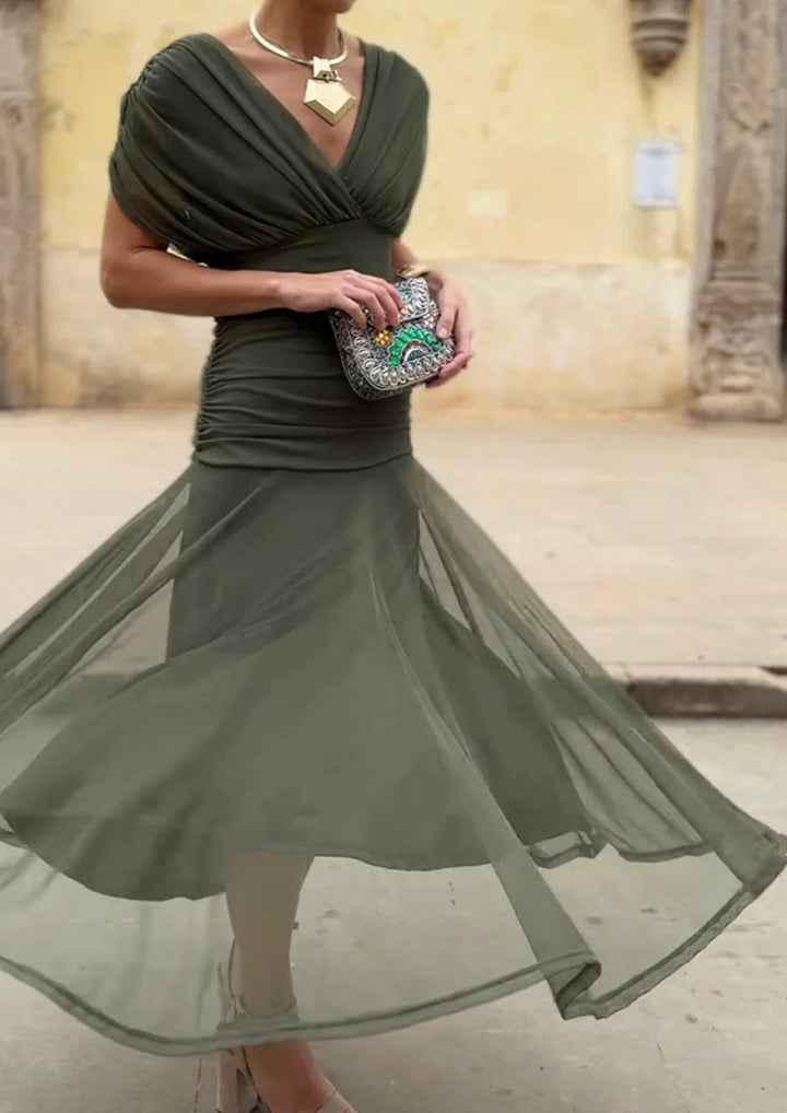 Women nan flowing evening dress with transparent chiffon capelet, V-neck and tailored draping Mune Fashion