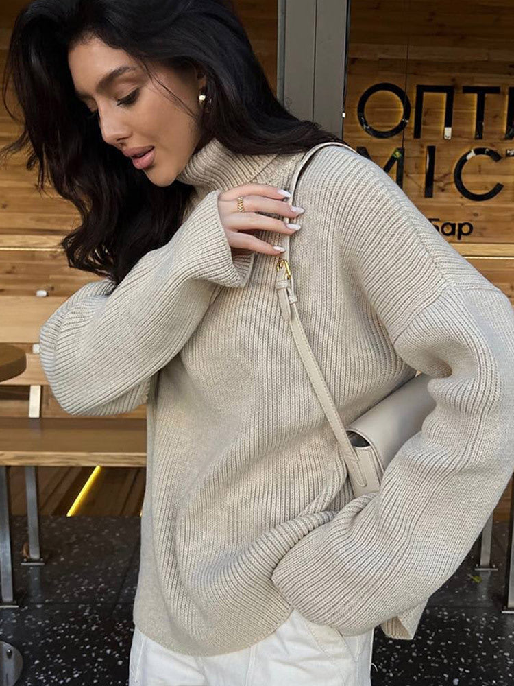 Women Oversized Ribbed Knit Turtleneck Sweater with Extended Cuff Mune Fashion