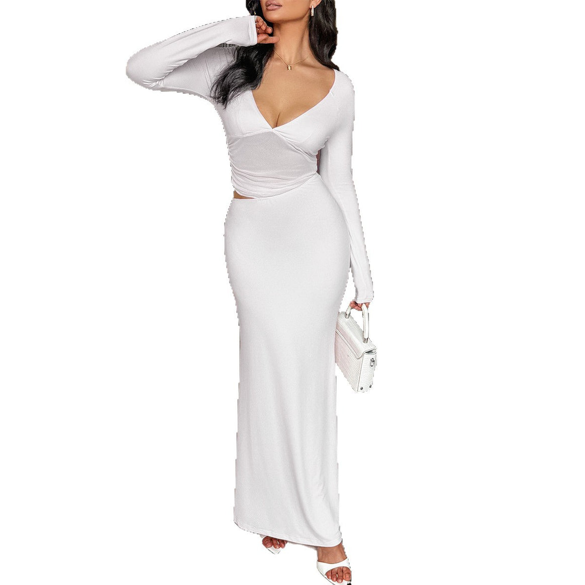 Women's tailored maxi dress with deep V-neck, side cut-out and figure-hugging stretch silhouette Mune Fashion