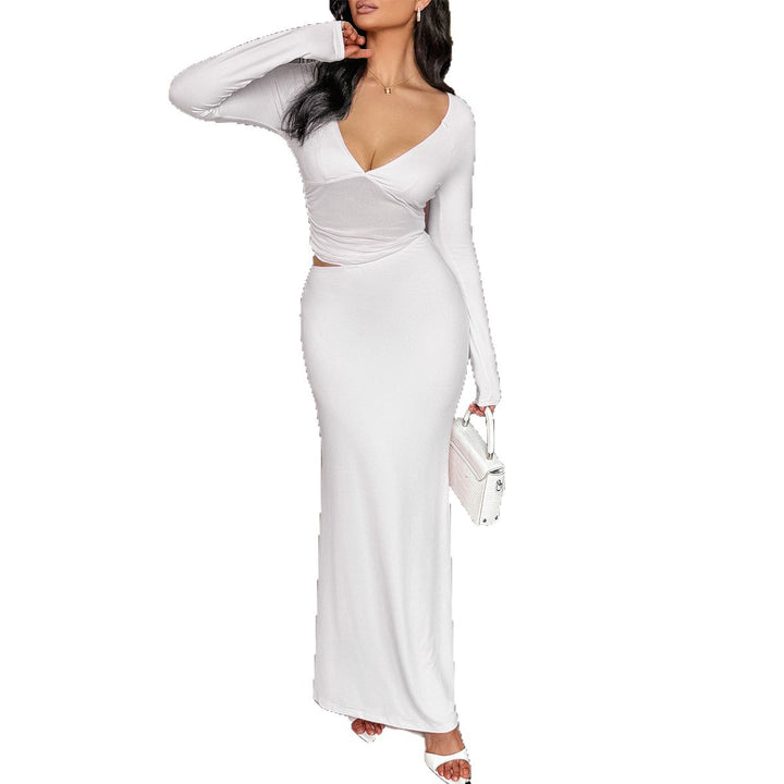 Women's tailored maxi dress with deep V-neck, side cut-out and figure-hugging stretch silhouette Mune Fashion