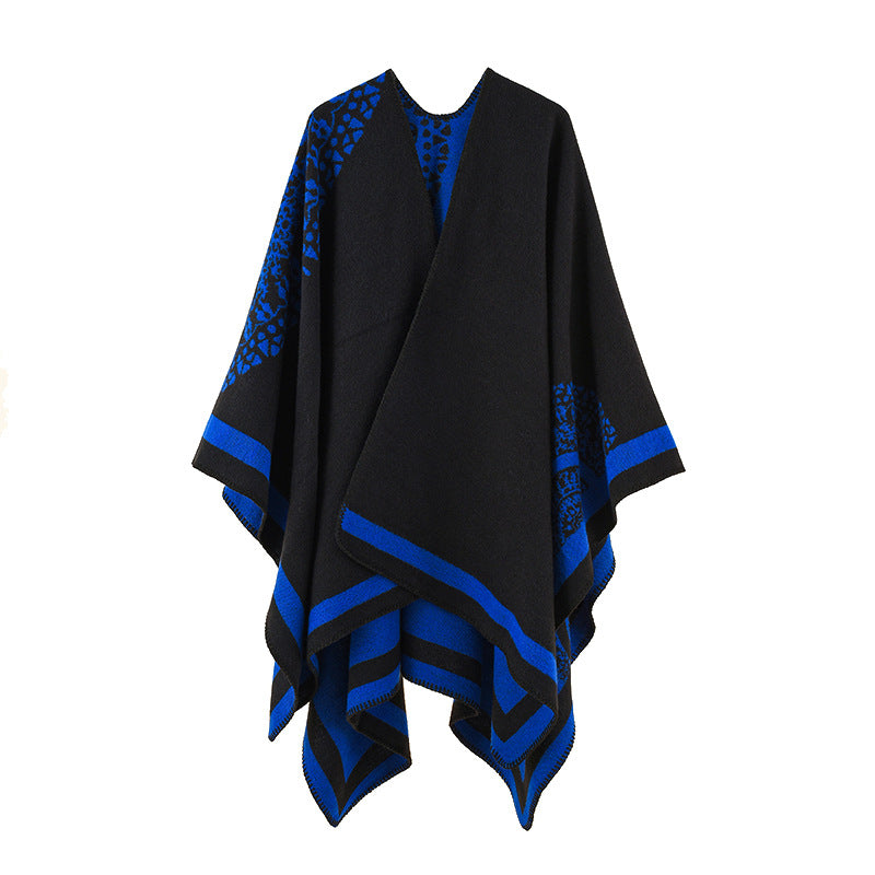 Women's Oversized Knit Poncho with Pattern Trim and Asymmetrical Hem Mune Fashion