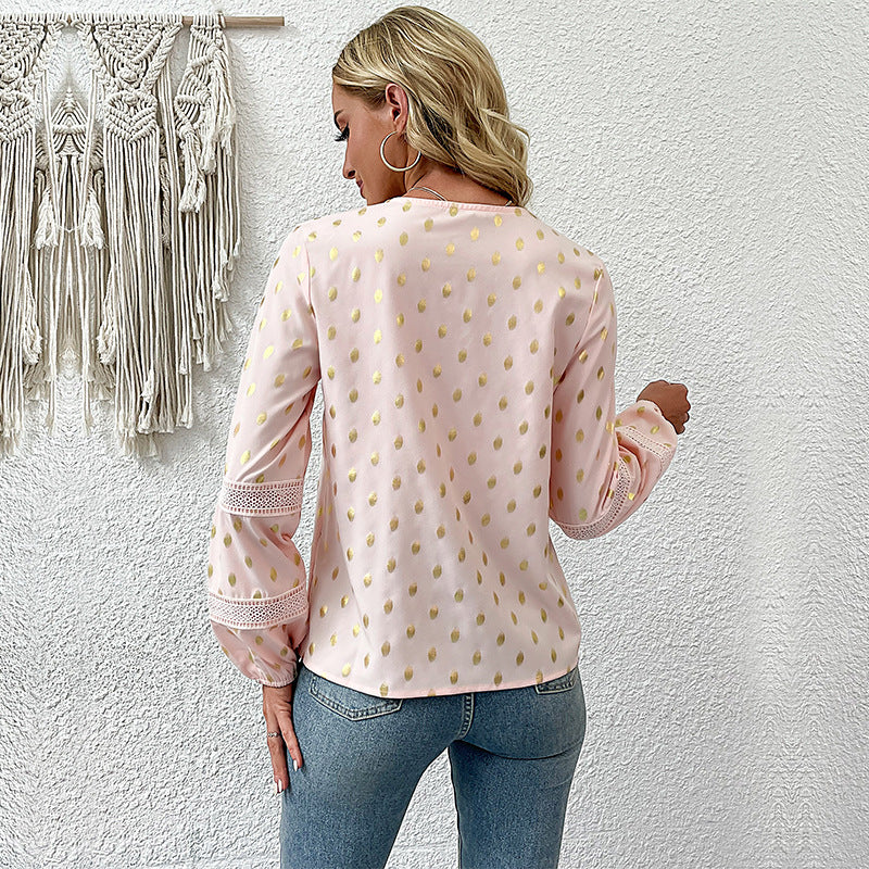 Women's Lightweight Chiffon Blouse with V-Neck, Lace Trim and Metallic Dots Mune Fashion