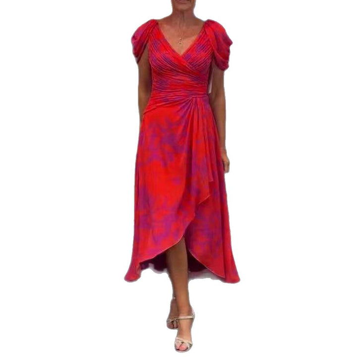 Women's festive chiffon mididress with crossed V-neck, waist gathering, and asymmetrical tulip skirt Mune Fashion