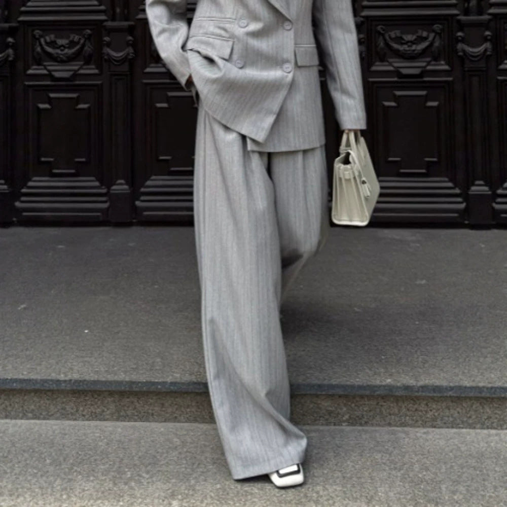 Women's Oversized Double-Breasted Blazer Set with Pinstripes and Wide Pleated Trousers Mune Fashion