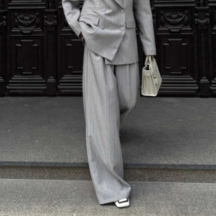 Women's Oversized Double-Breasted Blazer Set with Pinstripes and Wide Pleated Trousers Mune Fashion