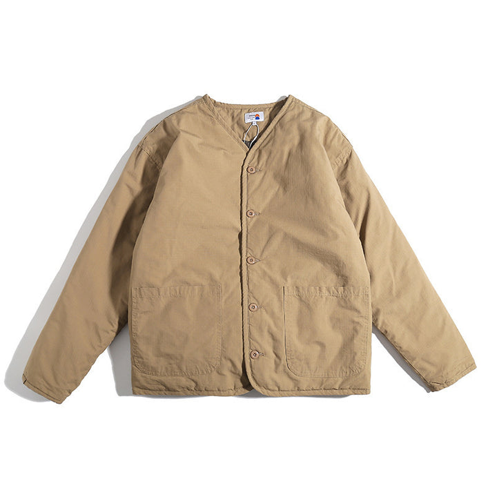 Unisex Lightly Quilted Round Neck Transitional Jacket with Button Placket and Patch Pockets Mune Fashion