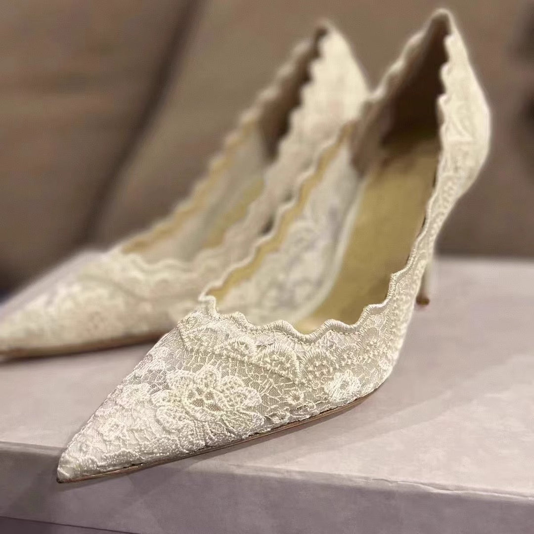 Women's Elegant Lace Pumps with Wavy Edge and Slim Stiletto Heel Mune Fashion