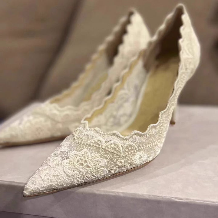 Women's Elegant Lace Pumps with Wavy Edge and Slim Stiletto Heel Mune Fashion