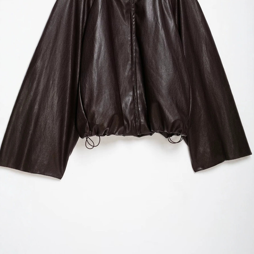 Women's Oversize Jacket in Leather Look with High Funnel Collar, Raglan Sleeves and Drawstring Hem Mune Fashion